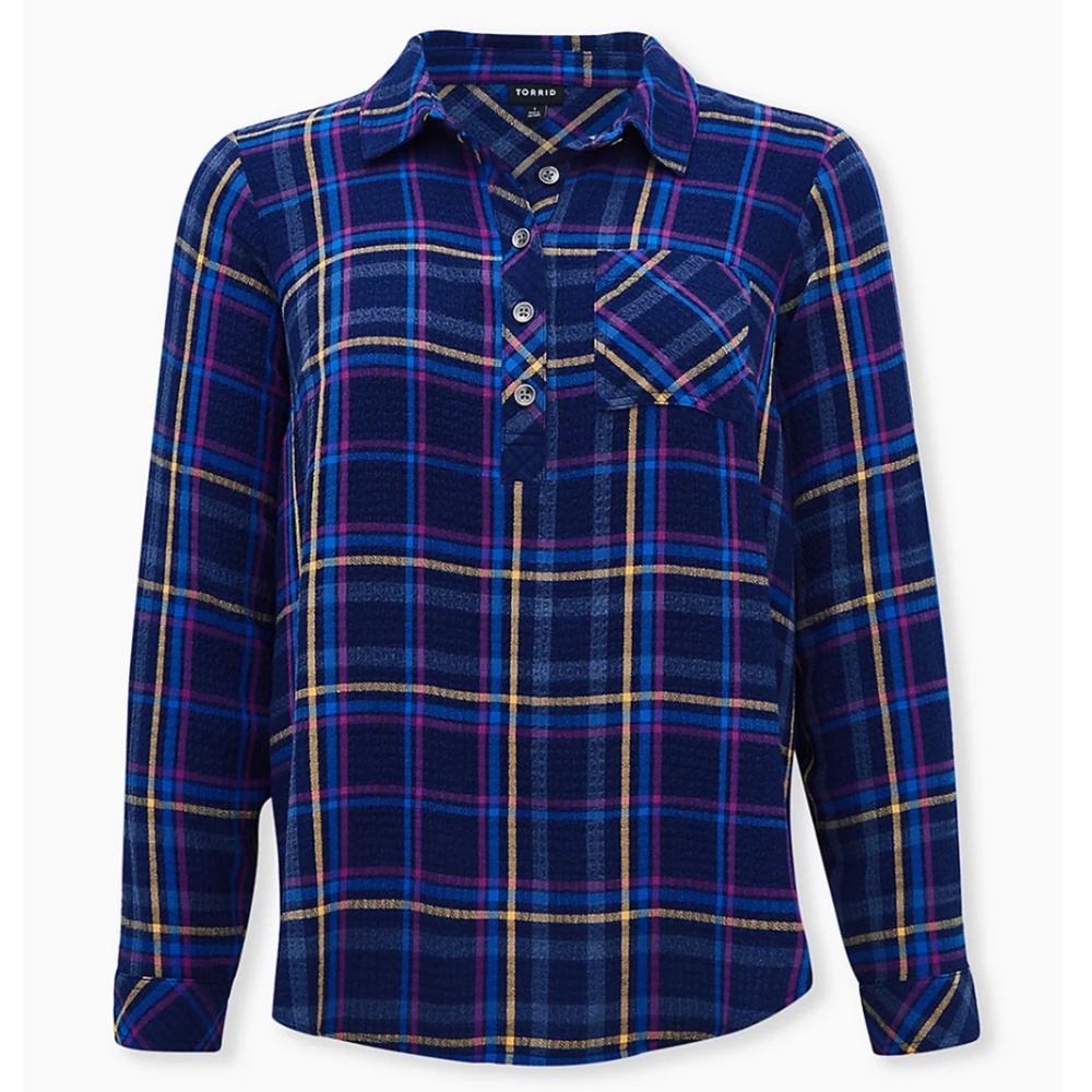Torrid Navy Plaid Crinkle Gauze Button Back Shirt Top